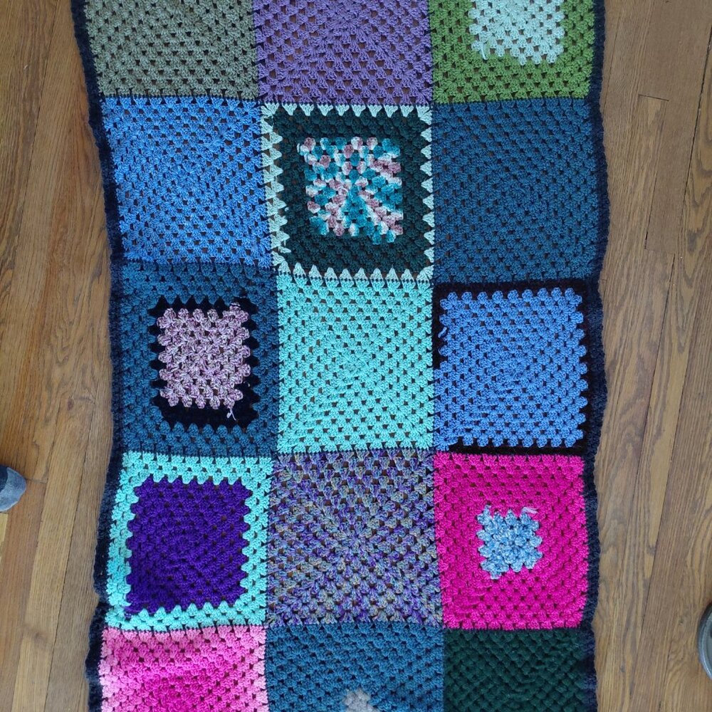 Vintage 70s Crochet Granny Square Panels Handmade Afghan Blanket Retro Boho